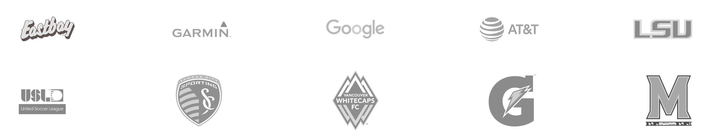 Client logos including Eastbay, Garmin, Google, AT&T, LSU, United Soccer League, Sporting KC, Vancouver Whitecaps FC, Gatorade, and University of Missouri
